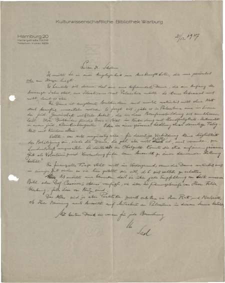 Brief von Fritz Saxl an Gershom Scholem, Hamburg, 21.12.1927, NLI, Gershom Scholem Archiv, ARC. 4* 1599 01 2805.