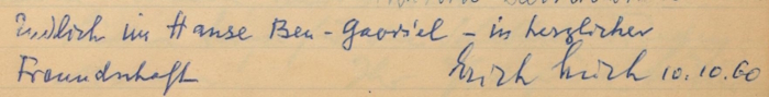 Eintrag von Erich Lüth im Gästebuch von M. Y. Ben-Gavriêl, Jerusalem, 10.10.1960, NLI, Moshe Ya’aqov Ben Gavriel Archive, ARC. Ms. Var. 365 1 11.