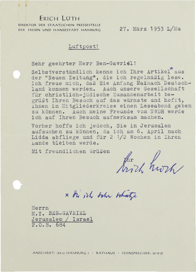 Brief von Erich Lüth an M. Y. Ben-Gavriêl, Hamburg, 27.03.1953, NLI, Moshe Ya’aqov Ben Gavriel Archiv, ARC. Ms. Var. 365 4 181.