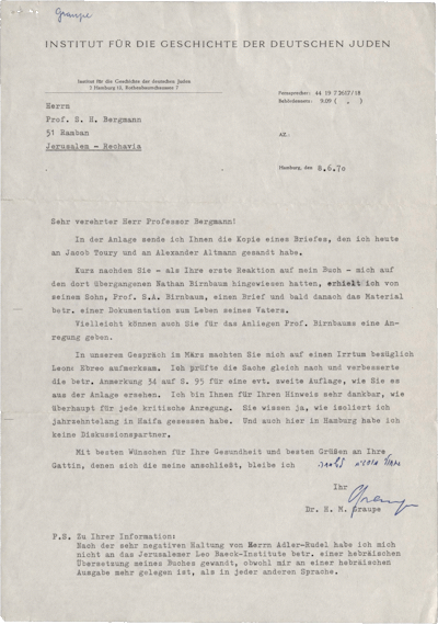 Brief von Heinz Moshe Graupe an Shmuel Hugo Bergmann, Hamburg, 08.06.1970, NLI, ARC. 4* 1502 01 991.