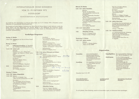 Vorläufiges Programm für den internationalen Heine-Kongress 1972, NLI, Akibah Ernst Simon Archiv, ARC. 4* 1751 12 3284.7-18.
