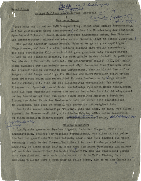 Ernst Simon, Heines Stellung zum Judentum. Spätzeit (Typoskript), 1. Seite, NLI, Akibah Ernst Simon Archiv, ARC. 4* 1751 15 3360a.