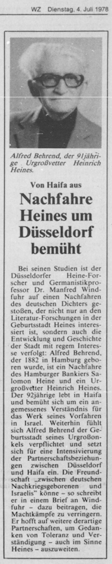 „Von Haifa aus. Nachfahre Heines um Düsseldorf bemüht“, in: Düsseldorfer Nachrichten, 04.07.1978, Stadtarchiv Düsseldorf, 7-6-42-303.0000.