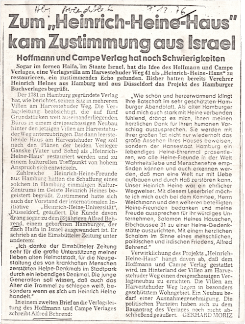 Gerhard Moriz, „Zum ‚Heinrich-Heine-Haus‘ kam Zustimmung aus Israel“, in: Hamburger Abendblatt, 07.12.1976, o.S., NLI, Akibah Ernst Simon Archiv, ARC. 4* 1751 12 3285. Mit freundlicher Genehmigung des Hamburger Abendblattes.
