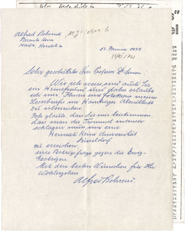 Brief von Alfred Behrend an Ernst Simon, Haifa, 13.01.1977 mit beigelegtem Zeitungsausschnitt Hamburger Abendblatt, 09.12.1976, NLI, Akibah Ernst Simon Archiv, ARC. 4* 1751 12 3285.