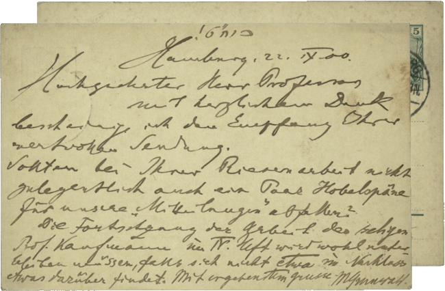 Postkarte von Max Grunwald an Prof. W. Bacher, Hamburg, 22.09.1900, NLI, Science of Judaism Letter Collection, ARC. Ms. Var. 236 02 163.