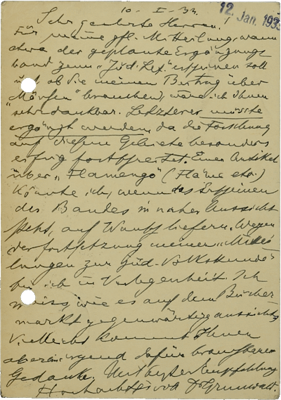 Postkarte von Max Grunwald an Jüdischer Verlag, Baden bei Wien, 10.01.1933, NLI, Siegmund Kaznelson Archiv, ARC. 4* 1749 3 2.