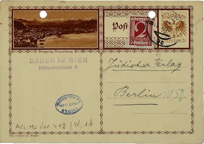 Postkarte von Max Grunwald an Jüdischer Verlag, Baden bei Wien, 10.01.1933, NLI, Siegmund Kaznelson Archiv, ARC. 4* 1749 3 2.