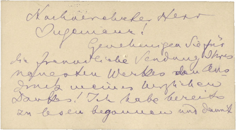 Rückseite einer Visitenkarte mit Nachricht von Max Grunwald an Josef Popper-Lynkeus, Wien, 12.11.1910, NLI, Josef Popper-Lynkeus Archiv, ARC. Ms. Var. 303 03 100.37.