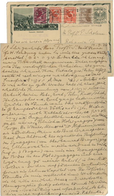 Postkarte von Max Grunwald an Gershom Scholem, Wien, September 1933, NLI, Gershom Scholem Archiv, ARC. 4* 1599 01 997.