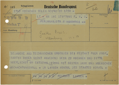 Telegramm des israelischen Konsuls Eliahu Livneh an die Stiftung F.V.S. Hamburg, 22.06.1953, NLI, Martin Buber Archiv, ARC Ms Var. 350 01 26a-c.