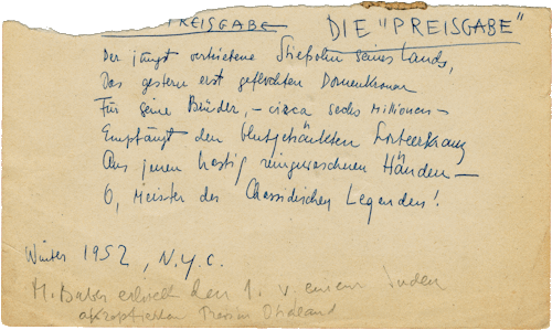 Mascha Kaléko: Die Preisgabe (handschriftlicher Entwurf), New York, 1952, DLA, A: Kaléko, Mascha.