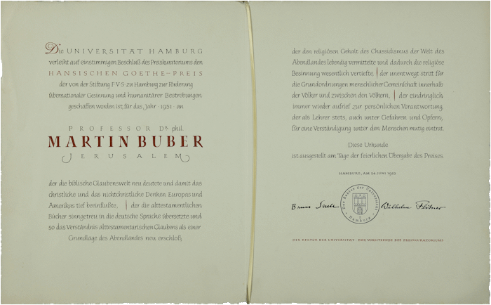 Urkunde zur Verleihung des Hansischen Goethe-Preises an Prof. Dr. Martin Buber, ausgestellt von der Universität Hamburg, Hamburg, 24.06.1953, NLI, Martin Buber Archiv, ARC MS. Var. 350 01 26.