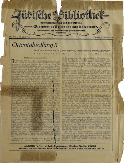 Erste Folge des Fortsetzungsromans Orientabteilung 3 von M. Y. Ben-Gavriêl in der Beilage zum Israelitischen Familienblatt Hamburg, 16.07.1931, NLI, Moshe Ya’aqov Ben Gavriel Archiv, ARC. Ms. Var. 365 2 102.