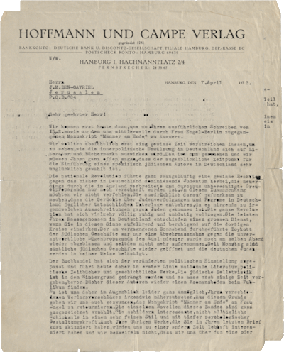Brief von Hoffmann und Campe an M. Y. Ben-Gavriêl, Hamburg, 07.04.1933, NLI, Moshe Ya’aqov Ben Gavriel Archiv, ARC. Ms. Var. 365 4 122.