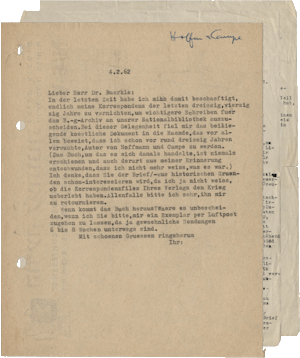 Schreiben von M. Y. Ben-Gavriêl an Albrecht Bürkle, Jerusalem, 04.02.1962 (Durchschlag), NLI, Moshe Ya’aqov Ben Gavriel Archiv, ARC. Ms. Var. 365 4 122.