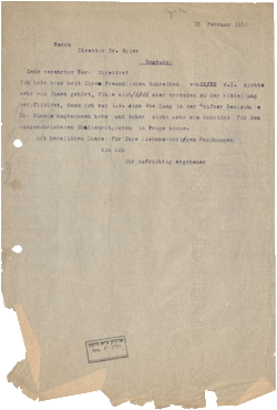 Brief von Ernst Simon an Arthur Spier (Durchschlag), Jerusalem, 13.02.1930, NLI, Akibah Ernst Simon Archiv, ARC. 4* 1751 01 939a.