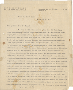 Brief von Arthur Spier an Ernst Simon, Hamburg, 17.02.1930, NLI, Akibah Ernst Simon Archiv, ARC. 4* 1751 01 479a.