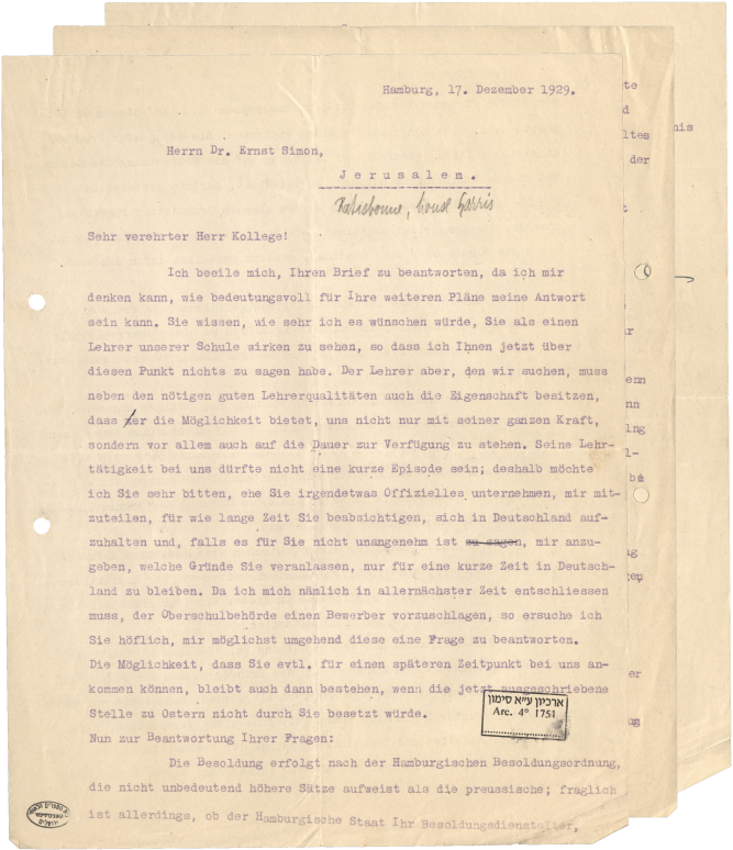 Brief von Arthur Spier an Ernst Simon, Hamburg, 17.12.1929, NLI, Akibah Ernst Simon Archiv, ARC. 4* 1751 01 939a.