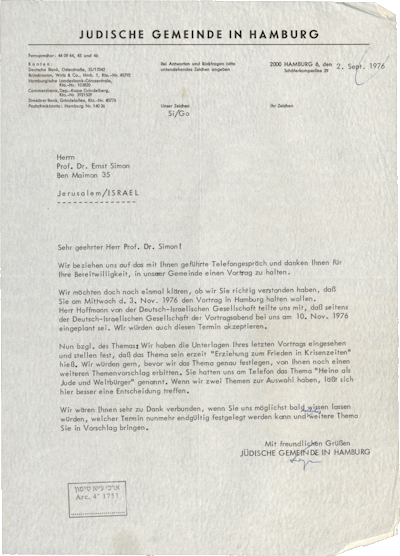 Brief von Günter Singer an Ernst Simon, Hamburg, 02.09.1976, NLI, Akibah Ernst Simon Archiv, ARC. 4* 1751 01 479.
