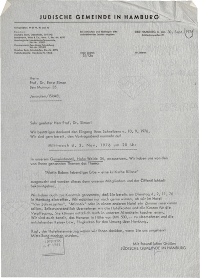 Brief von Günter Singer an Ernst Simon, Hamburg, 30.08.1976, NLI, Akibah Ernst Simon Archiv, ARC. 4* 1751 01 479.
