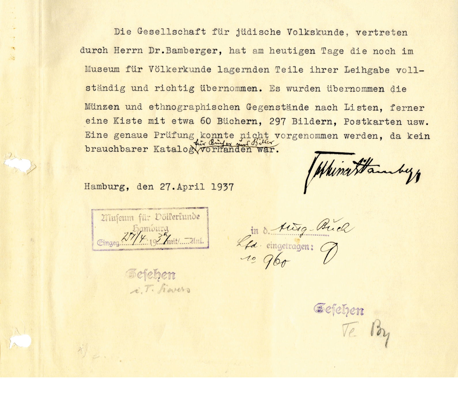 Übernahmebestätigung der Sammlung Gesellschaft für jüdische Volkskunde, Rabbiner Dr. Bamberger und Museum für Völkerkunde, 22.4.1937, MARKK Archiv I 685.