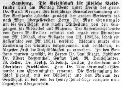„Hamburg. Die Gesellschaft für jüdische Volkskunde“, in: Israelitisches Familienblatt, (6. Jg.) 44, 29.10.1903, S. 5. Digitalisiert durch die Universitätsbibliothek J.C. Senckenberg, Frankfurt am Main, 2021.