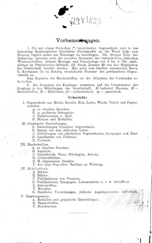 Verzeichnis der Sammlungen der Gesellschaft für jüdische Volkskunde, Hamburg 1900. IGdJ / Digitalisiert durch The National Library of Israel, 990019908800205171, gemeinfrei.