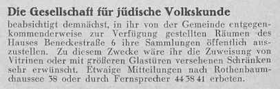 „Die Gesellschaft für jüdische Volkskunde“, in: Gemeindeblatt der Deutsch-Israelitischen Gemeinde, 8. Jg. Nr. 7, 29.8.1932, S. 6, Staatsarchiv Hamburg, StaHH 522-01, 872 VI-IX, 0073.