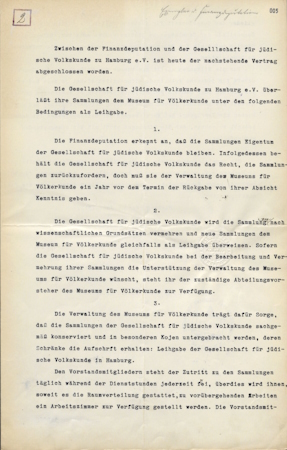 Vertrag zwischen der Finanzdeputation Hamburg und der Gesellschaft für jüdische Volkskunde zu Hamburg e.V., Hamburg, 14.6.1913, Staatsarchiv Hamburg StA HH_311-2 IV_11553.