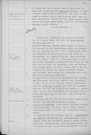 Ausschnitt Sitzungsprotokoll des Gemeindevorstands betreffs Schausammlungen der Gesellschaft, Hamburg, 18.2.1936, Staatsarchiv Hamburg, StaHH_522-1_297 Bd. 22 Sitzungsprotokolle des Gemeindevorstandes, mit Indices, 1934-1937, S. 279-280, S. 279.