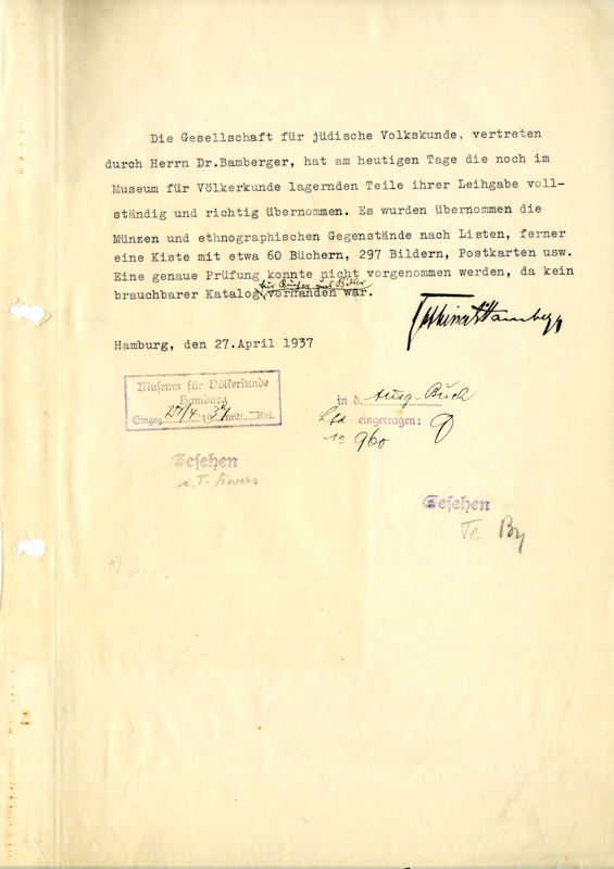 Übernahmebestätigung der Sammlung Gesellschaft für jüdische Volkskunde, Rabbiner Dr. Bamberger und Museum für Völkerkunde, 27.4.1937, MARKK Archiv I 685.