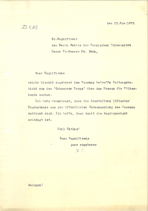 Antwortschreiben Prof. Franz Termer, Museumsdirektor, an Universitätsdekan Dr. Adolf Rein betreffs Entnahme der jüdischen Objekte aus der Schausammlung des Museums, 19.11.1935, MARKK Archiv I 310.