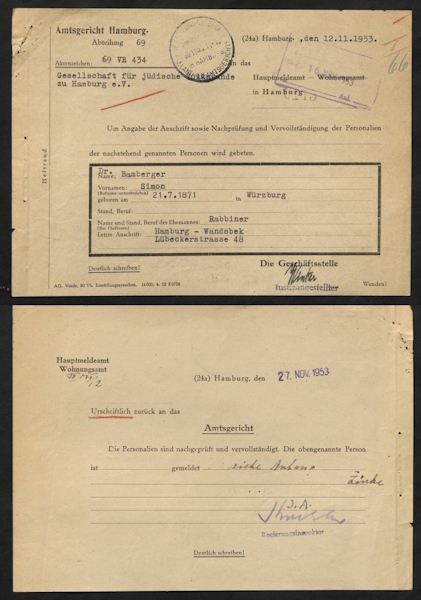 Amtsgericht Hamburg, Hauptmeldeamt - Wohnungsamt, Registerauskünfte zu den letzten Vorstandsmitgliedern der Gesellschaft für jüdische Volkskunde, Staatsarchiv Hamburg, StaHH_231-10_B 1973-116 GfJV HH eV 1910-60, Bl. 112, 114-117, Bl. 112.