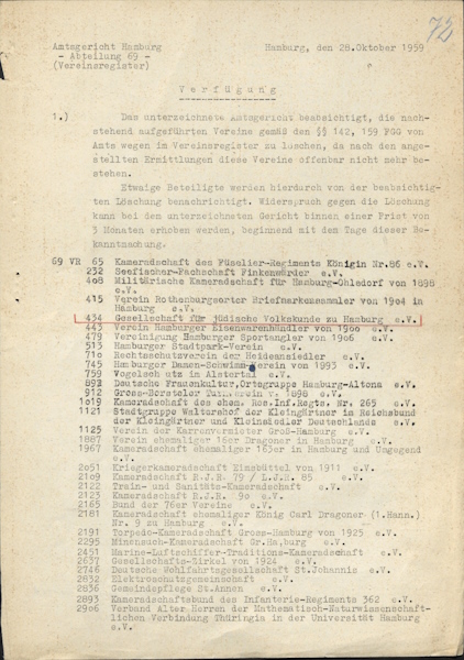 Verfügung des Amtsgerichts Hamburg, Hamburg, 28.10.1959, Staatsarchiv Hamburg, StaHH_231-10_B 1973-116, Bl. 72 (GfJV HH eV 1910-60, Vereinsregister 434, Bl. 134-136).