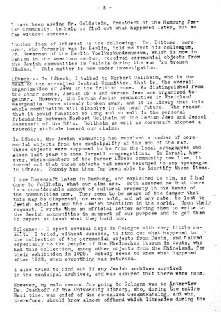 Hannah Arendt, Jewish Cultural Reconstruction Field Reports, 1948-1951, Tätigkeitsbericht Nr. 18, 15. Februar – 10. März 1950 (übersetzt von Insa Kummer), Leo Baeck Institute New York, veröffentlicht in: Hamburger Schlüsseldokumente zur deutsch-jüdischen Geschichte. (Ausschnitt: Seiten 4 und 5, S. 5)