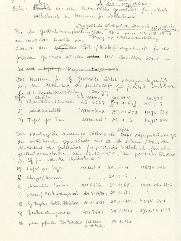 Aktenvermerk zur Überweisung Altonaer Museum an das Museum für Völkerkunde, Hamburg 1991. MARKK Archiv o.Nr.