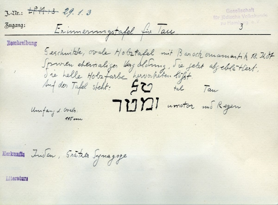 Karteikarte zur Erfassung der Gebetsanzeigetafel „tal u-matar“ („Tau du Regen“) zum Schmone Esre (Achtzehnbittengebet), Synagoge Graetz, MARKK; Foto: MARKK.