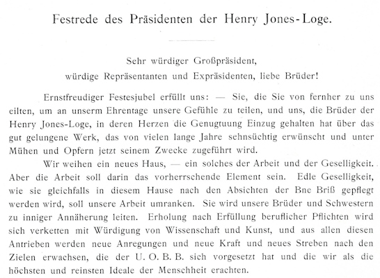 Gustav Tuch, Festrede des Präsidenten der Henry Jones-Loge, in: Das Logenheim in Hamburg. Festschrift zur Erinnerung an die Einweihung. Sonntag, den 28.8.1904 (StaHH Bibliothek, A 870/0059), S. 25-30 [Auszüge], veröffentlicht in: Hamburger Schlüsseldokumente zur deutsch-jüdischen Geschichte.