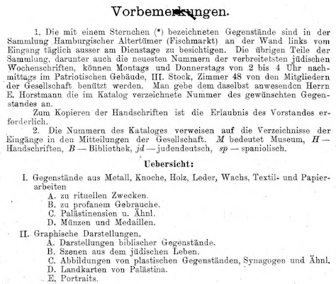 Verzeichnis der Sammlungen der Gesellschaft für jüdische Volkskunde, Hamburg 1900. IGdJ / Digitalisiert durch The National Library of Israel, 990019908800205171, gemeinfrei.