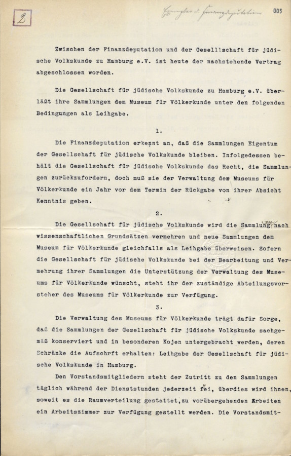 Vertrag zwischen der Finanzdeputation Hamburg und der Gesellschaft für jüdische Volkskunde zu Hamburg e.V., Hamburg, 5.6.1913, Staatsarchiv Hamburg StA HH_311-2 IV_11553.