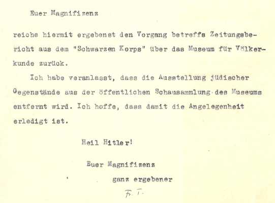 Antwortschreiben Prof. Franz Termer, Museumsdirektor, an Universitätsdekan Dr. Adolf Rein betreffs Entnahme der jüdischen Objekte aus der Schausammlung des Museums, 19.11.1935, MARKK Archiv I 310.