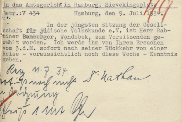 Schreiben N. M. Nathan an das Amtsgericht Hamburg zur Neuwahl des neuen Vorsitzenden Simon Simcha Bamberger, Hamburg, 9.7.1934, Staatsarchiv Hamburg, StaHH_231-10_B 1973-116, Bl. 84.