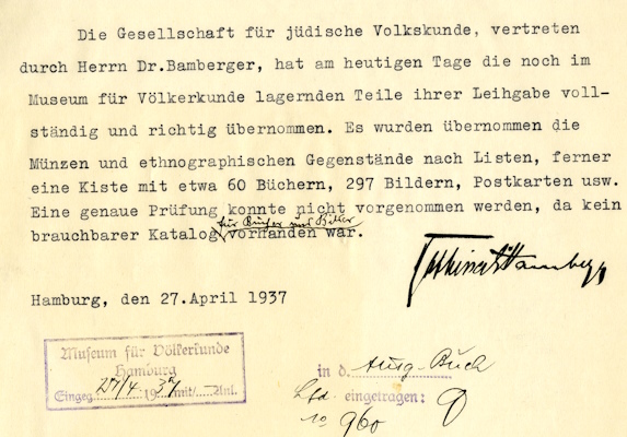 Übernahmebestätigung der Sammlung Gesellschaft für jüdische Volkskunde, Rabbiner Dr. Bamberger und Museum für Völkerkunde, 22.4.1937, MARKK Archiv I 685.